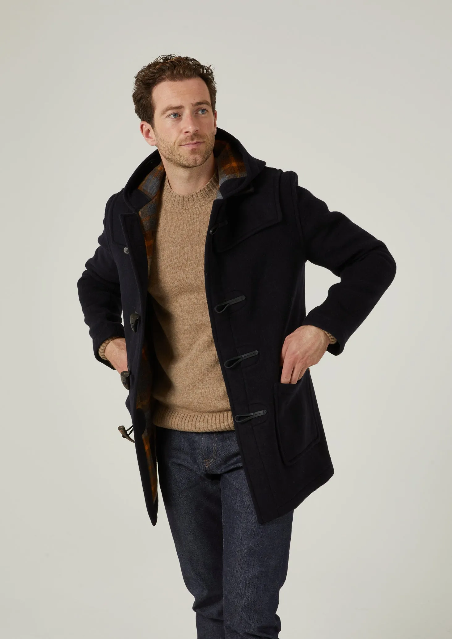 Alcombey Check Back Duffle Coat In Navy