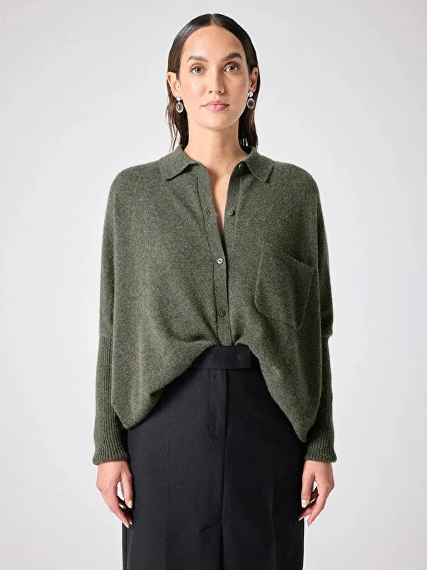 Andrea Khaki Cashmere Shirt Poncho Jumper