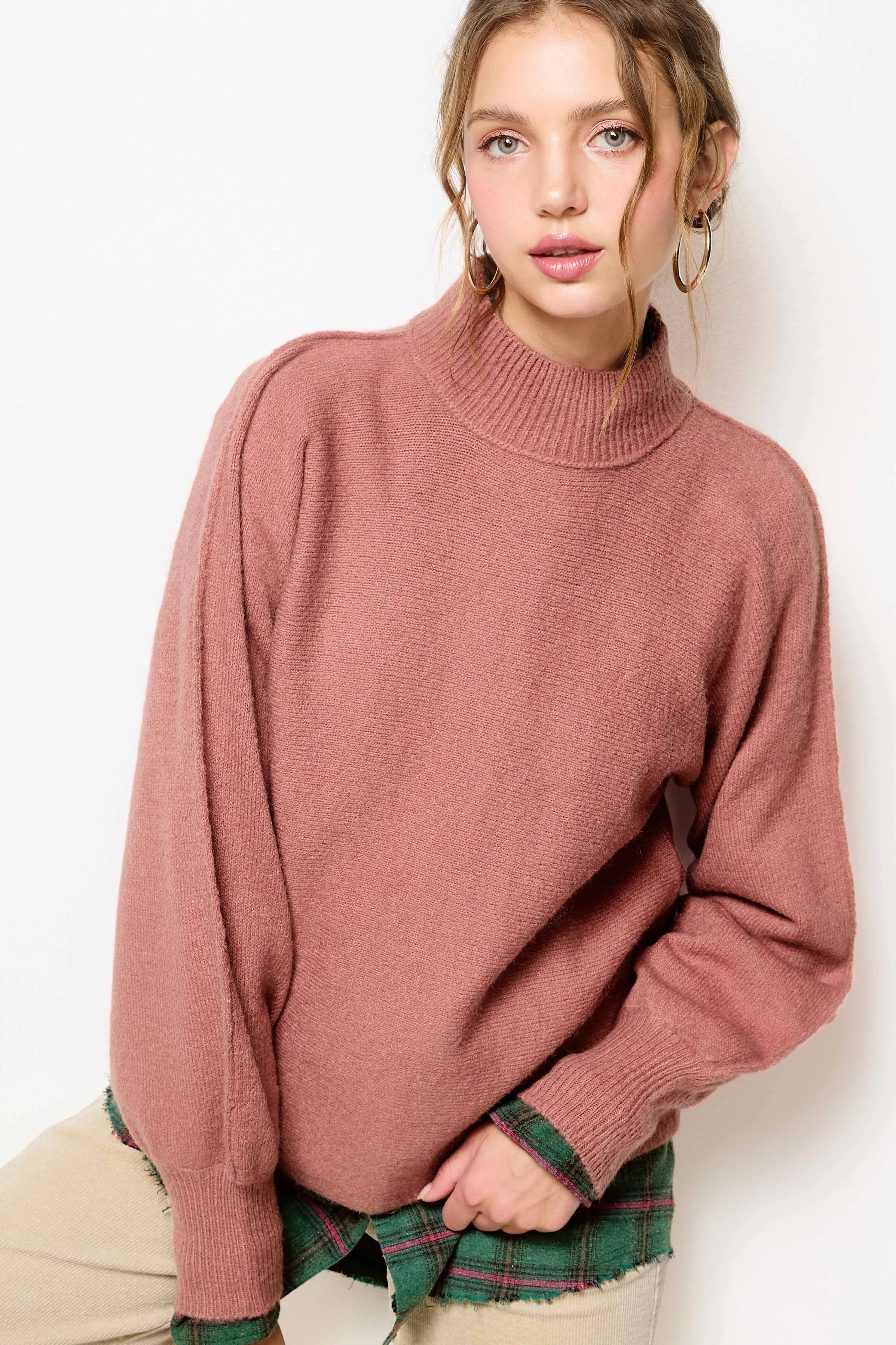 Balloon Sleeve Mock Neck Sweater In Rosewood