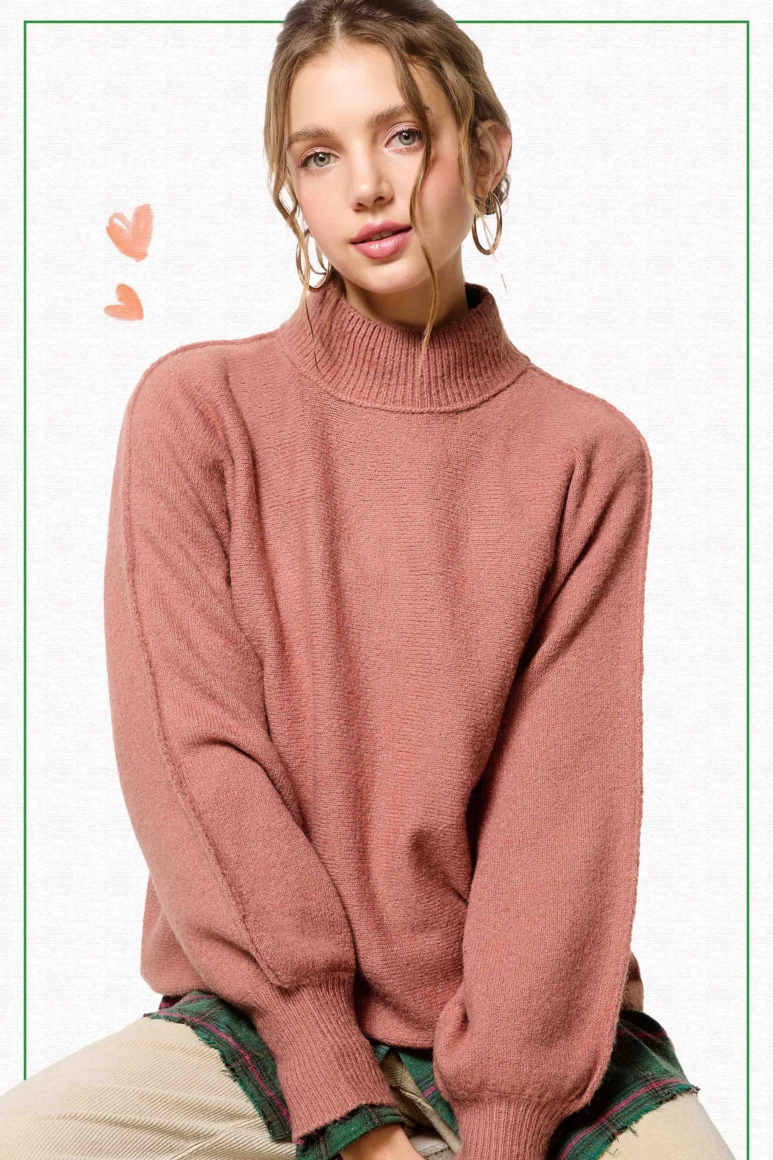 Balloon Sleeve Mock Neck Sweater In Rosewood