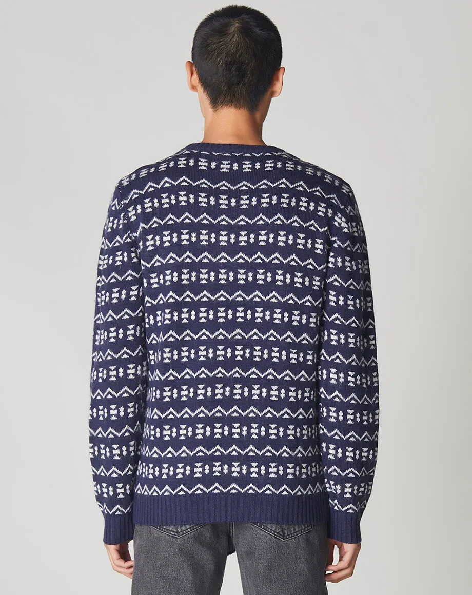 BERGER FOLK FAIR ISLE KNIT MENS CREW NECK JUMPER | NAVY