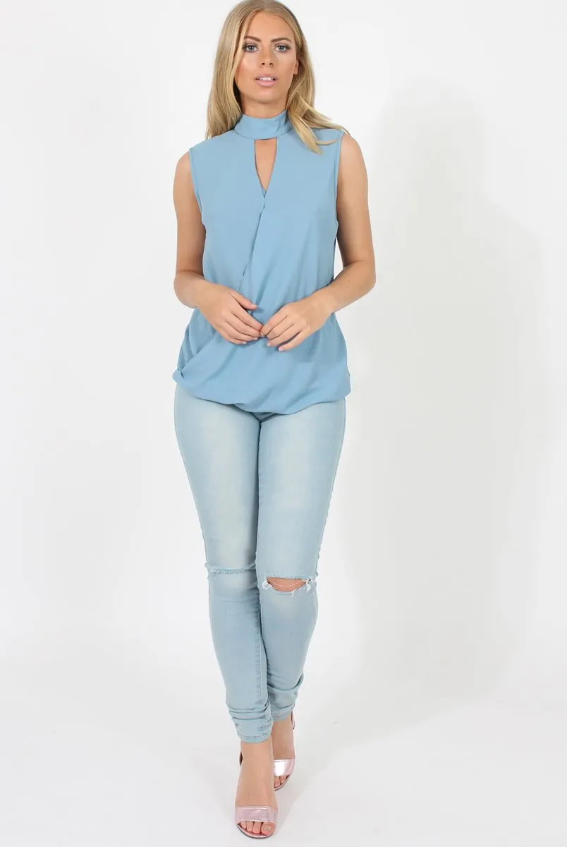 Blue High Neck Cross Over Top - Remy