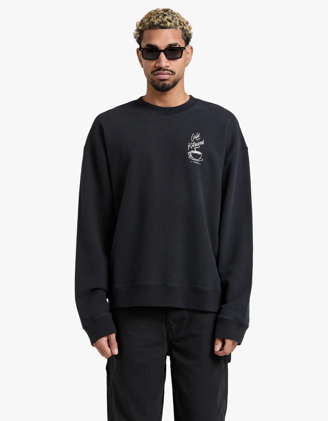 Cafe Kitsune Coffee Cup Relaxed Sweatshirt - Black P199