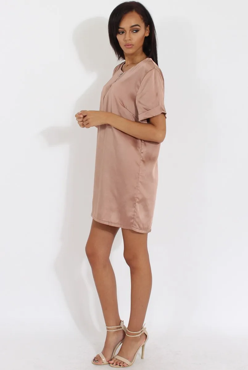 Champagne Satin Zip Tee Dress - Valeria