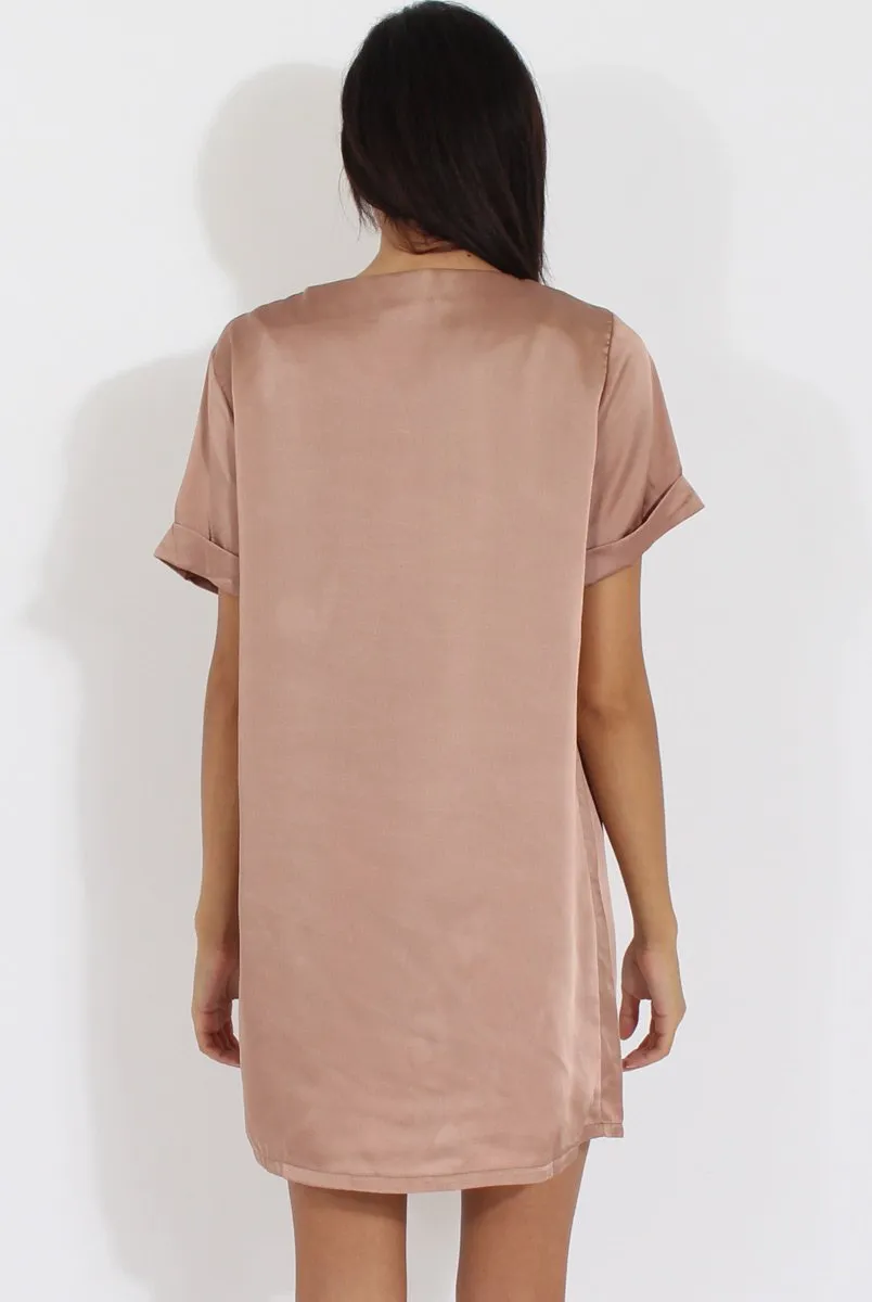 Champagne Satin Zip Tee Dress - Valeria