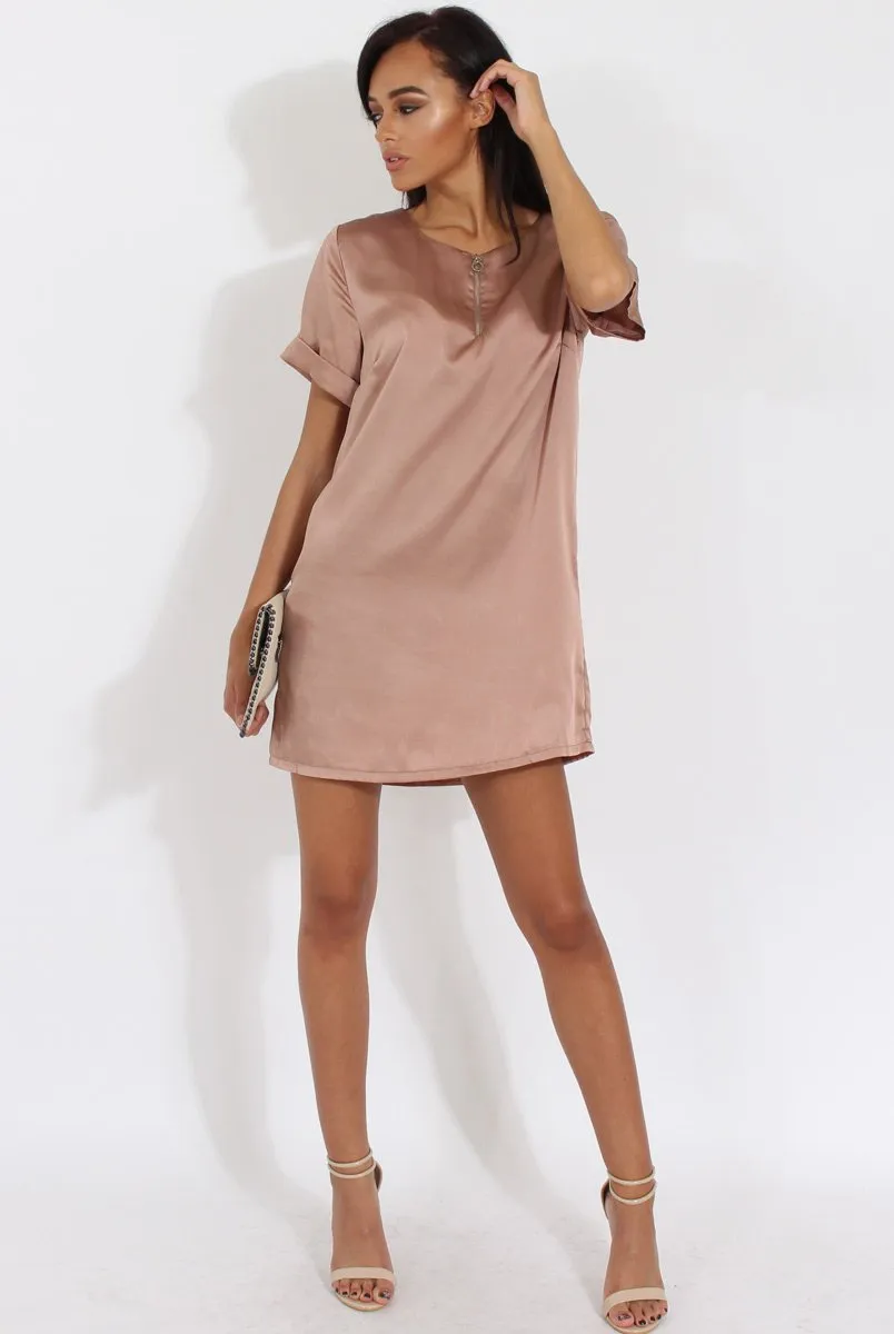 Champagne Satin Zip Tee Dress - Valeria