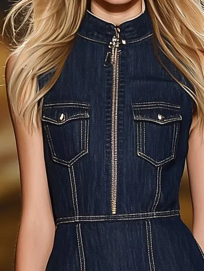 Cool Stand Collar Denim Zipper Mini Dress