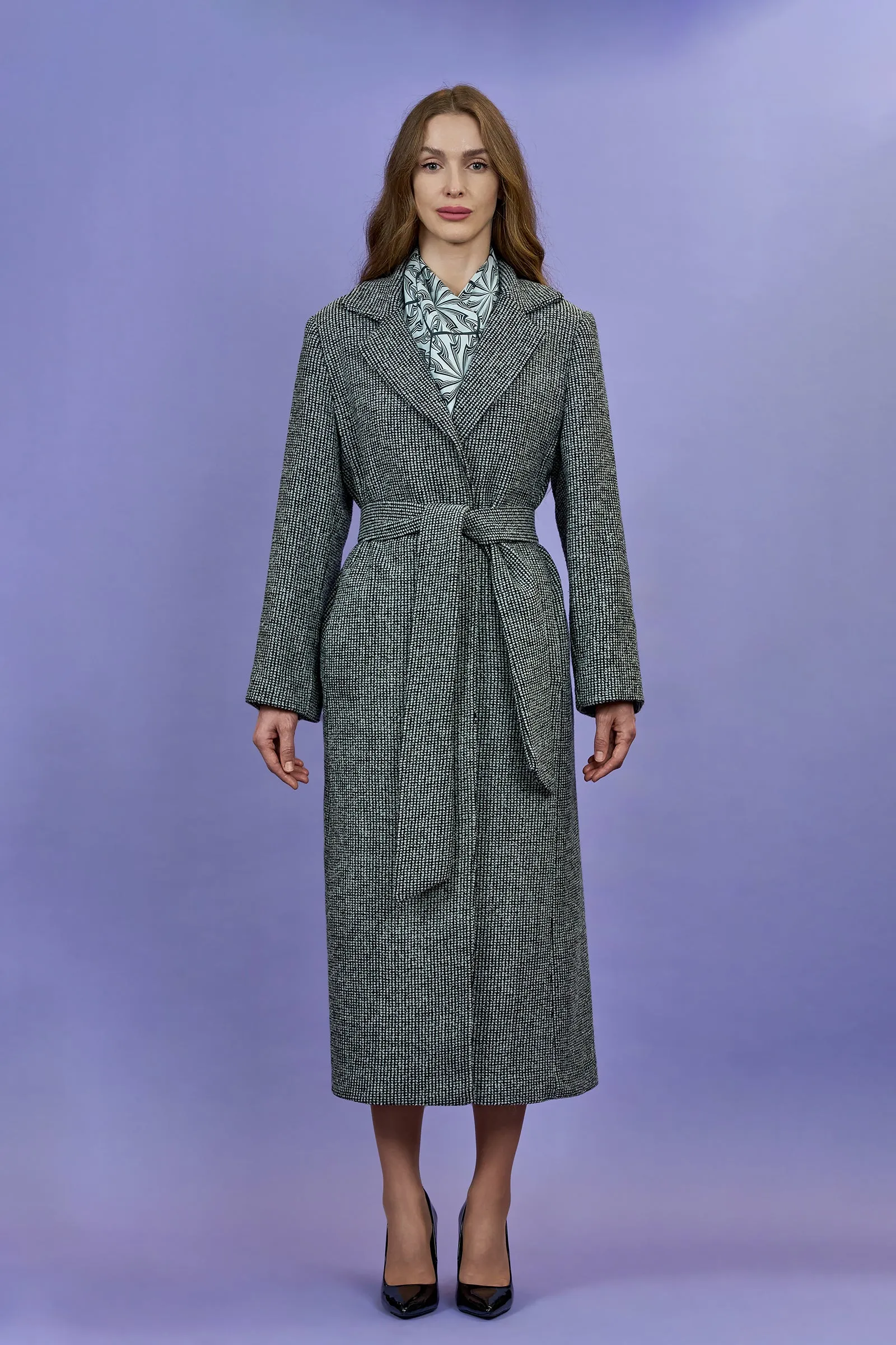 COUTURE LUREX Tweed Black Grey Belted Long Tailored Coat