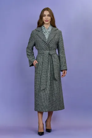 COUTURE LUREX Tweed Black Grey Belted Long Tailored Coat