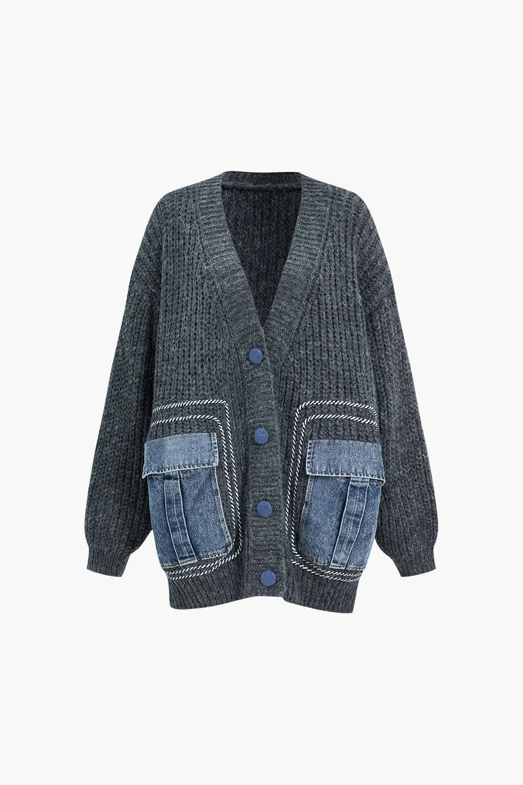 Denim Patchwork Button Pocket Sweater Cardigan