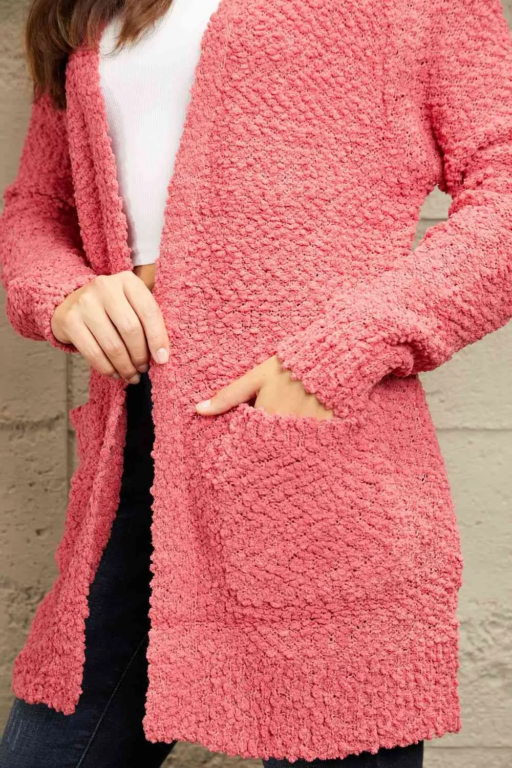 Falling For You Full Size Open Front Popcorn Cardigan