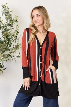 Full Size Striped Button Up Long Sleeve Cardigan