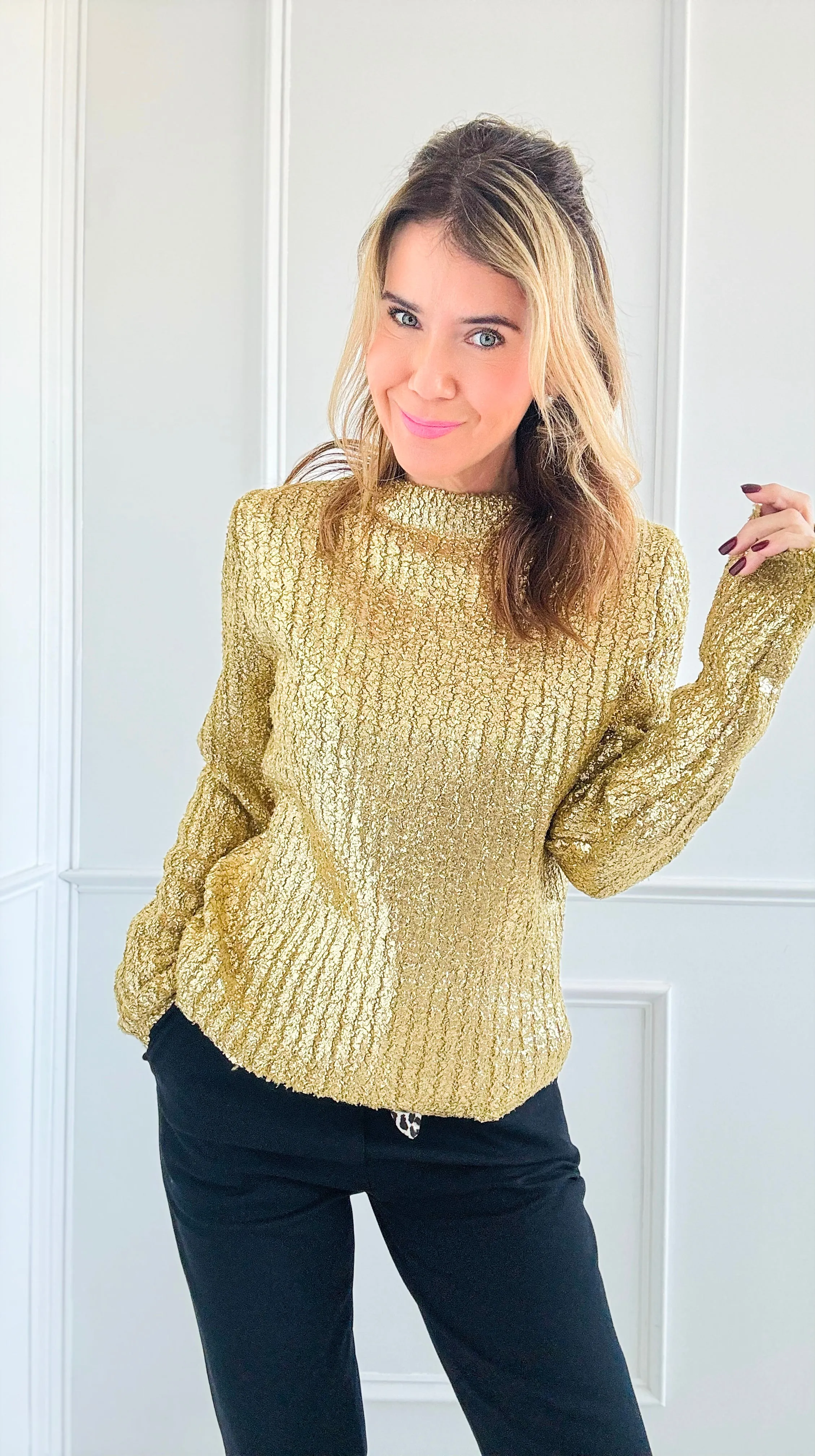 Gold Metallic Ribbed Sweater