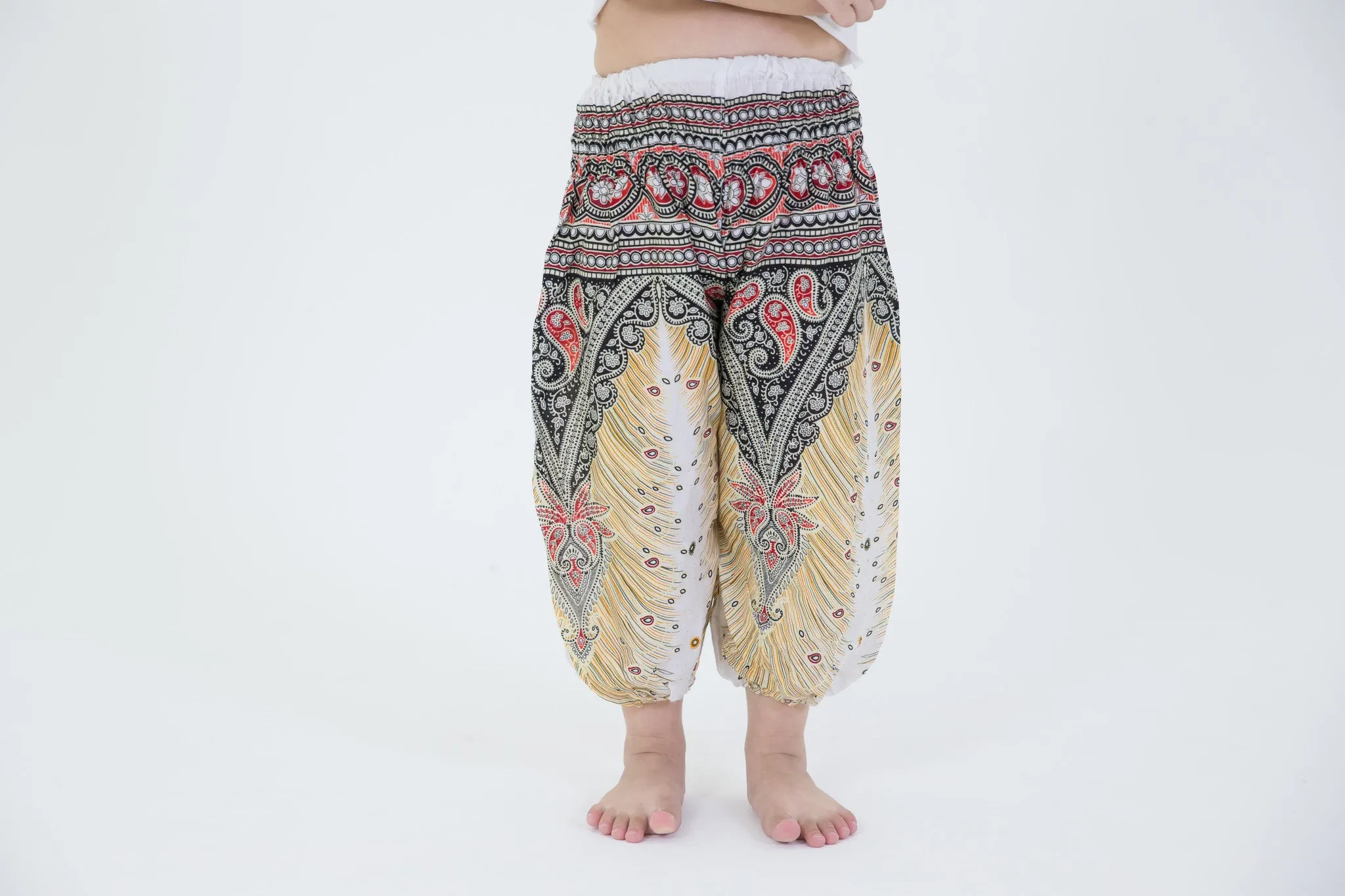 Kids Peacock Feathers Harem Pants in White