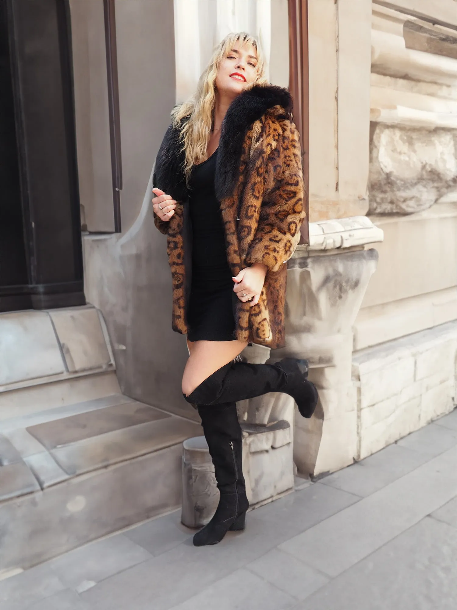 Leopard Print Nutria Fur Coat With Black Fox Collar S