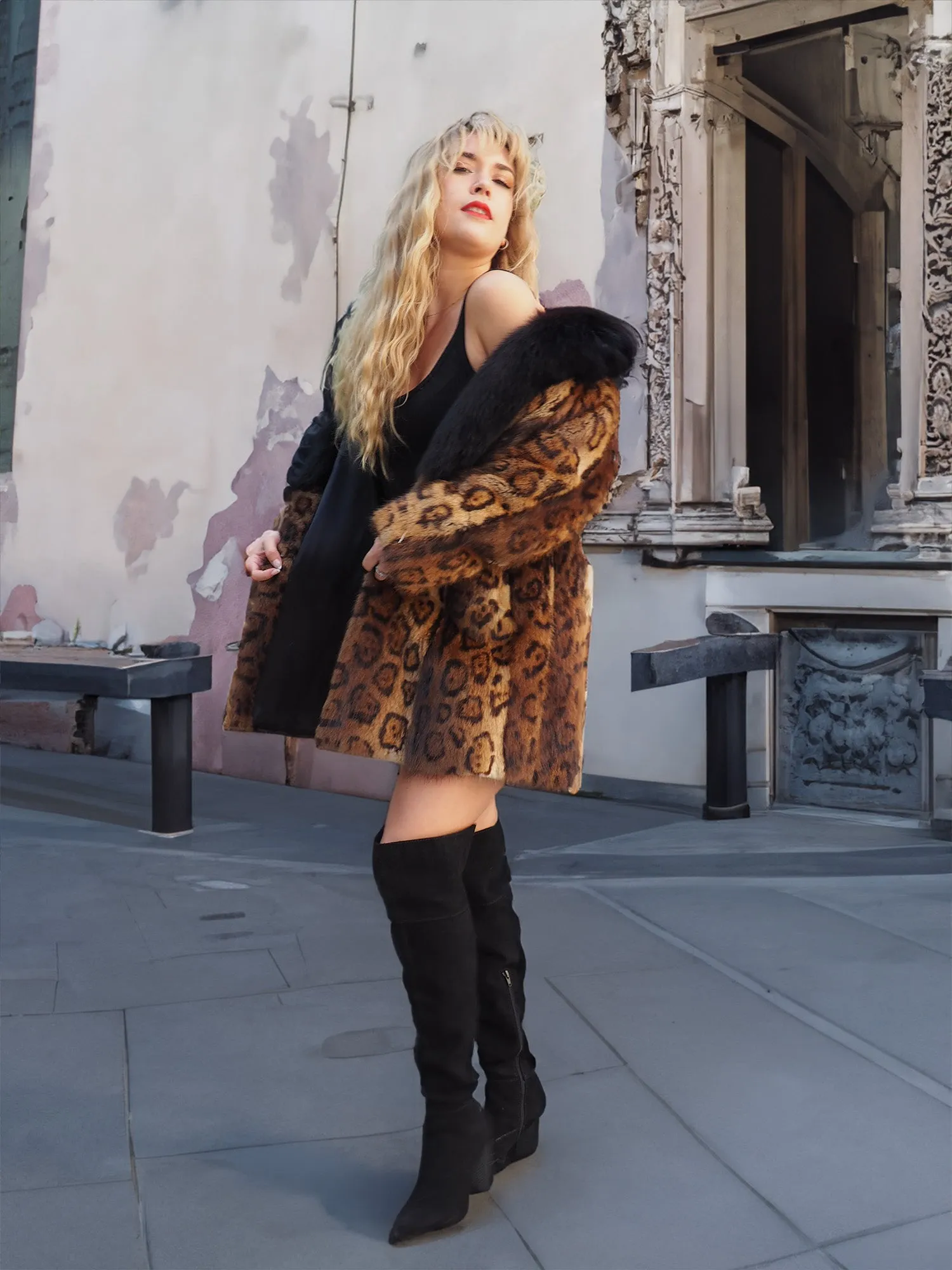 Leopard Print Nutria Fur Coat With Black Fox Collar S