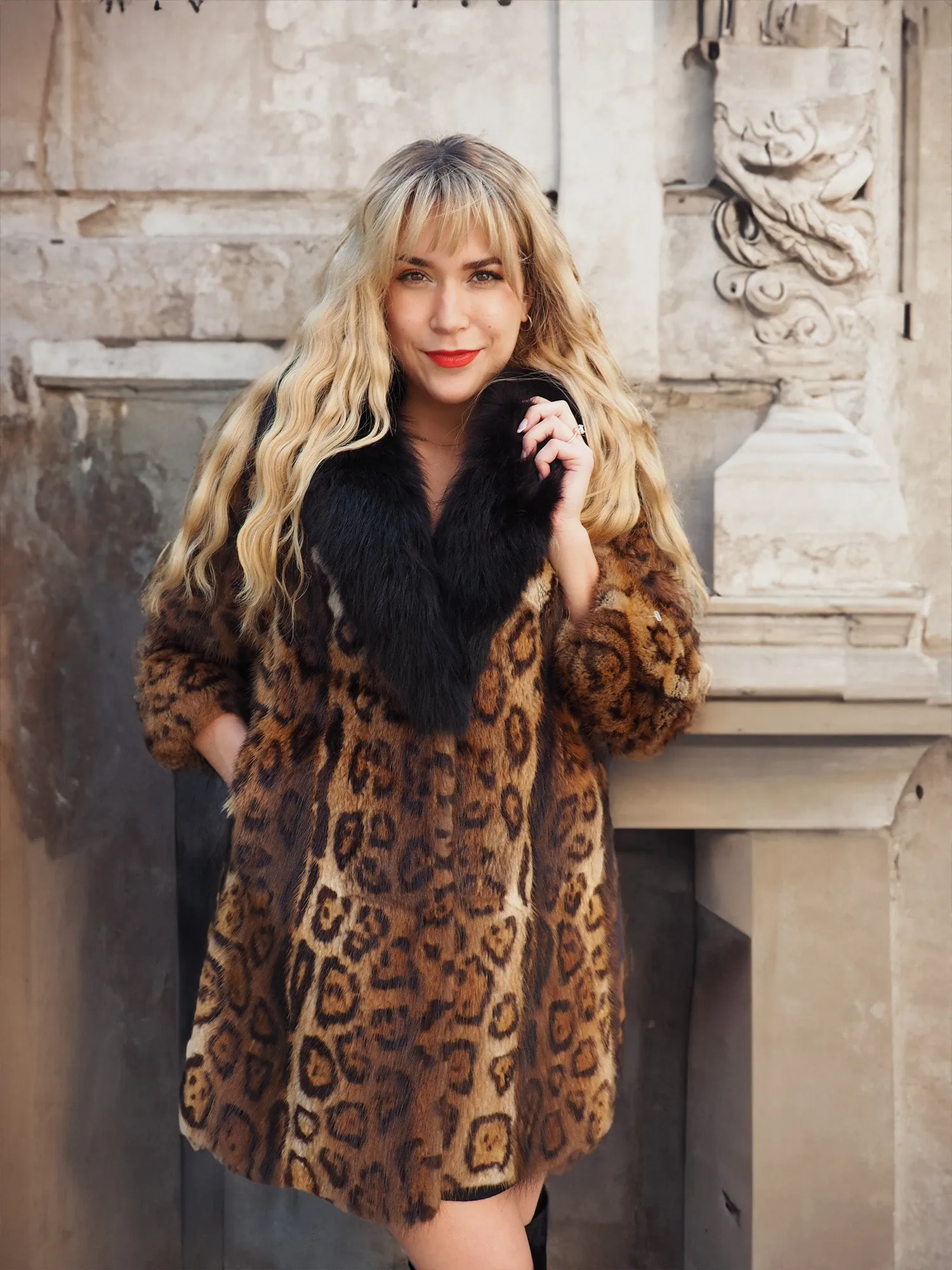 Leopard Print Nutria Fur Coat With Black Fox Collar S