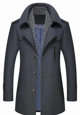 Mens Layered Collar Button Front Mid Length Coat