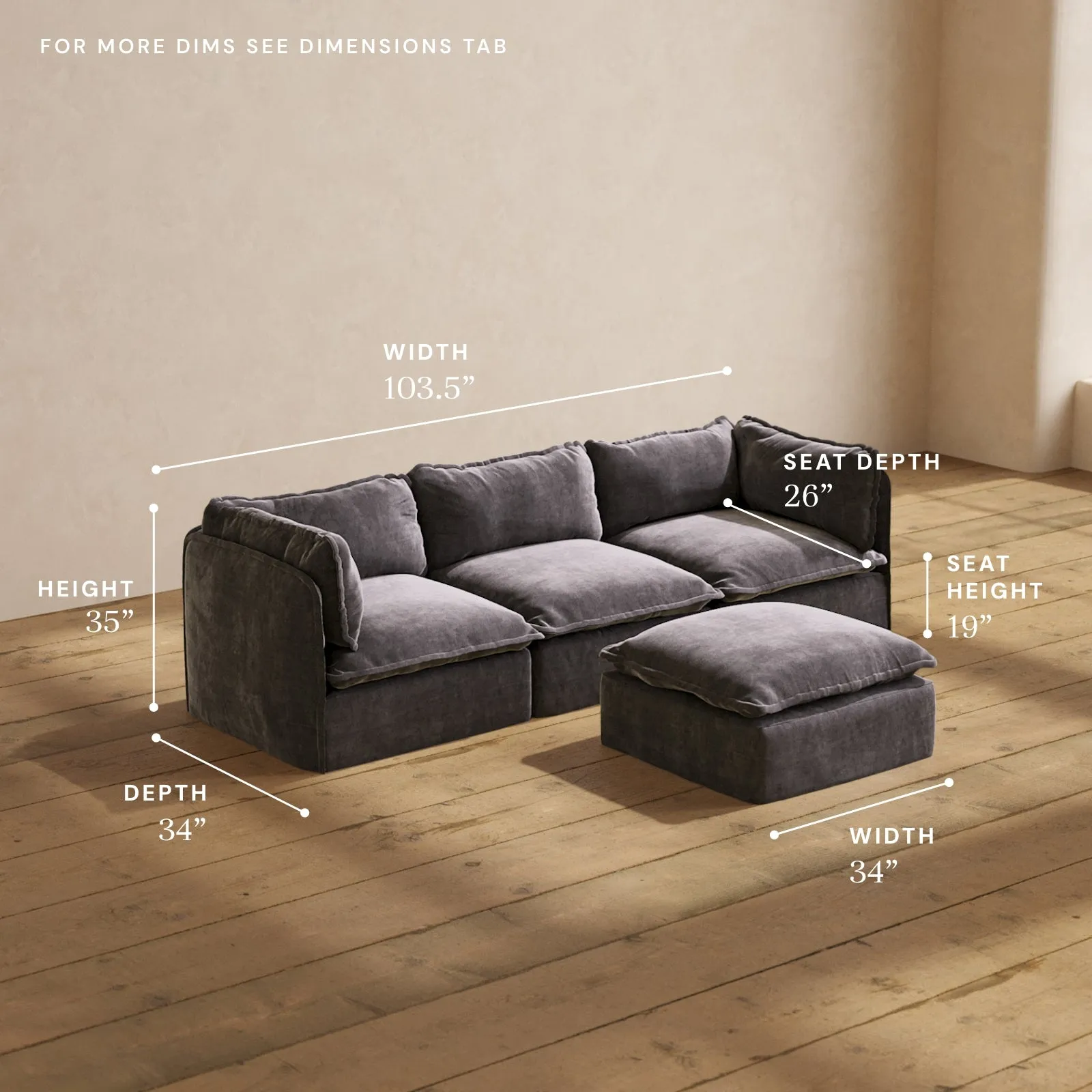 Modular Performance 3-Seater   Ottoman in Cinder | Relaxed Blend