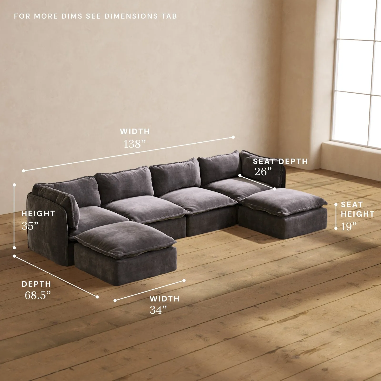 Modular Performance 4-Seater U-Sectional in Cinder | Relaxed Blend