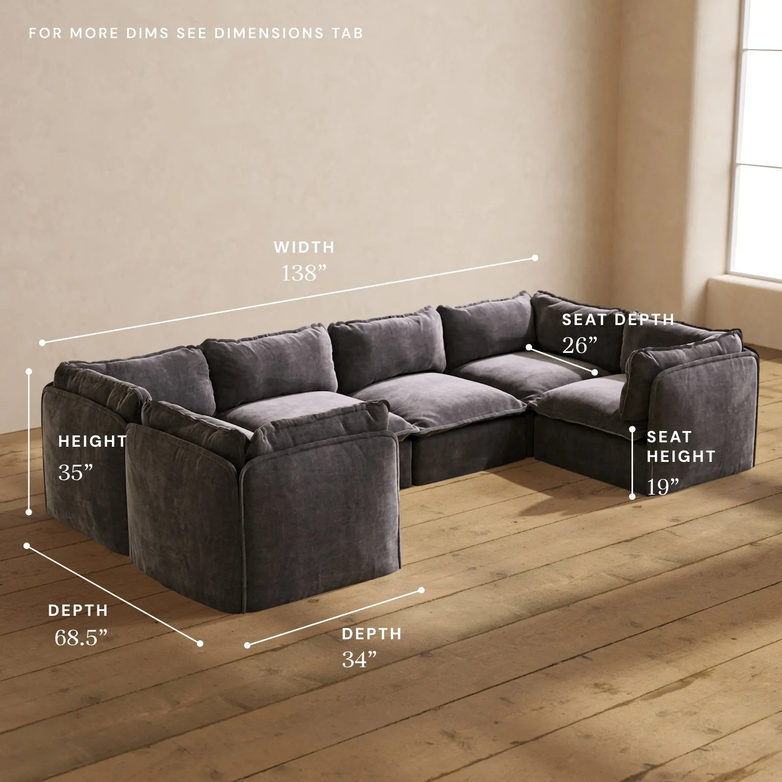 Modular Performance 6-Seater U-Sectional in Cinder | Relaxed Blend