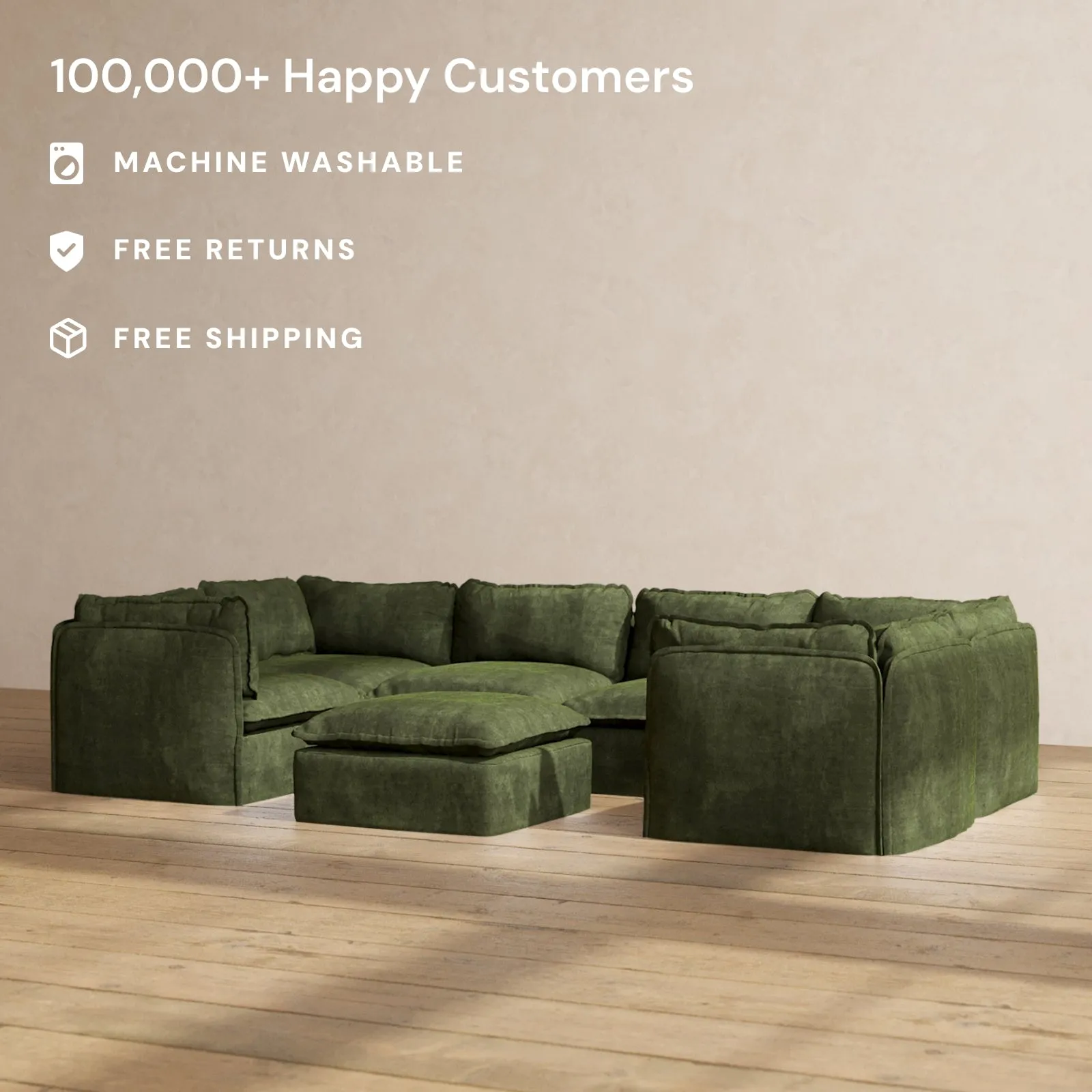 Modular Performance 6-Seater U-Sectional   Ottoman in Olive | Relaxed Blend