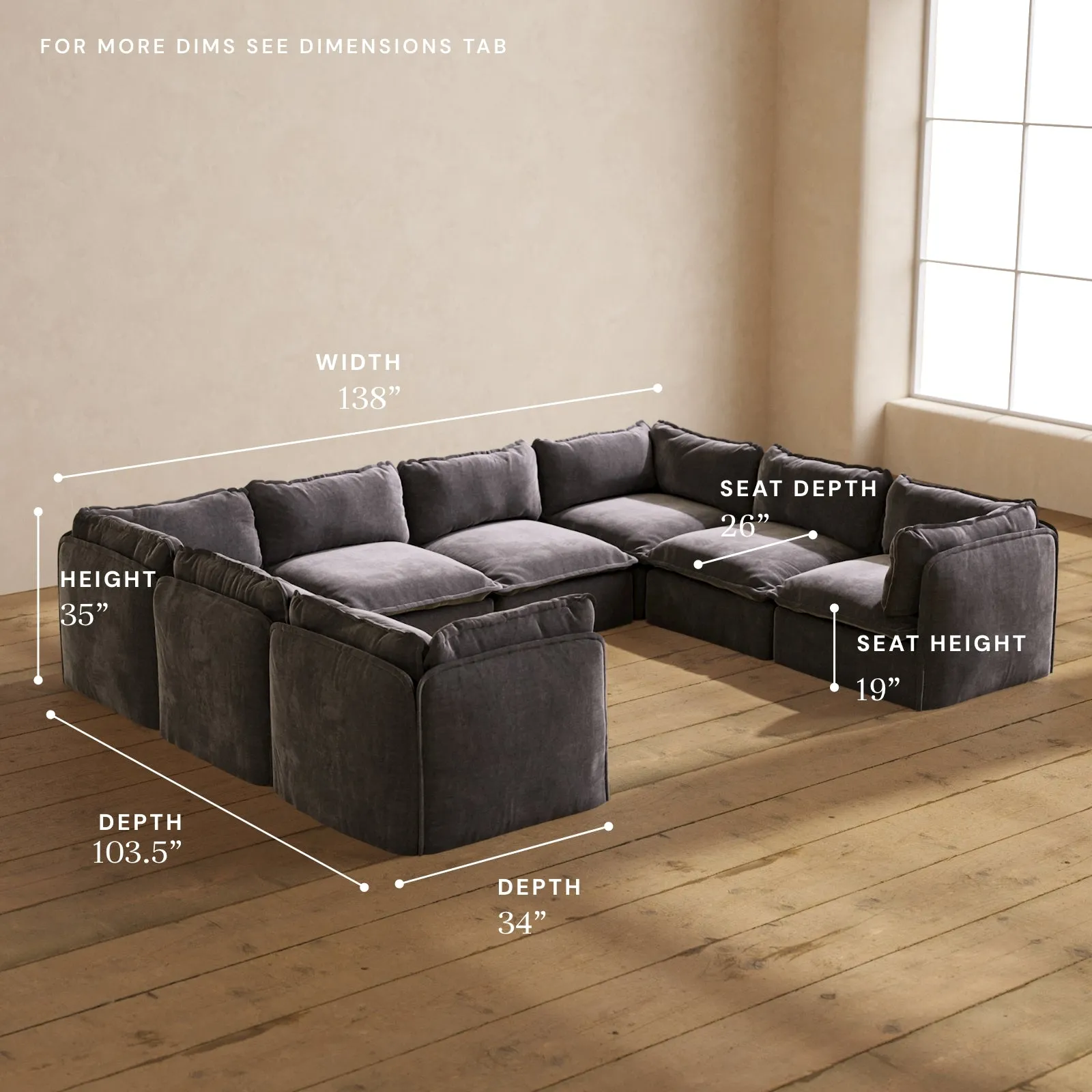 Modular Performance 8-Seater U-Sectional in Cinder | Relaxed Blend