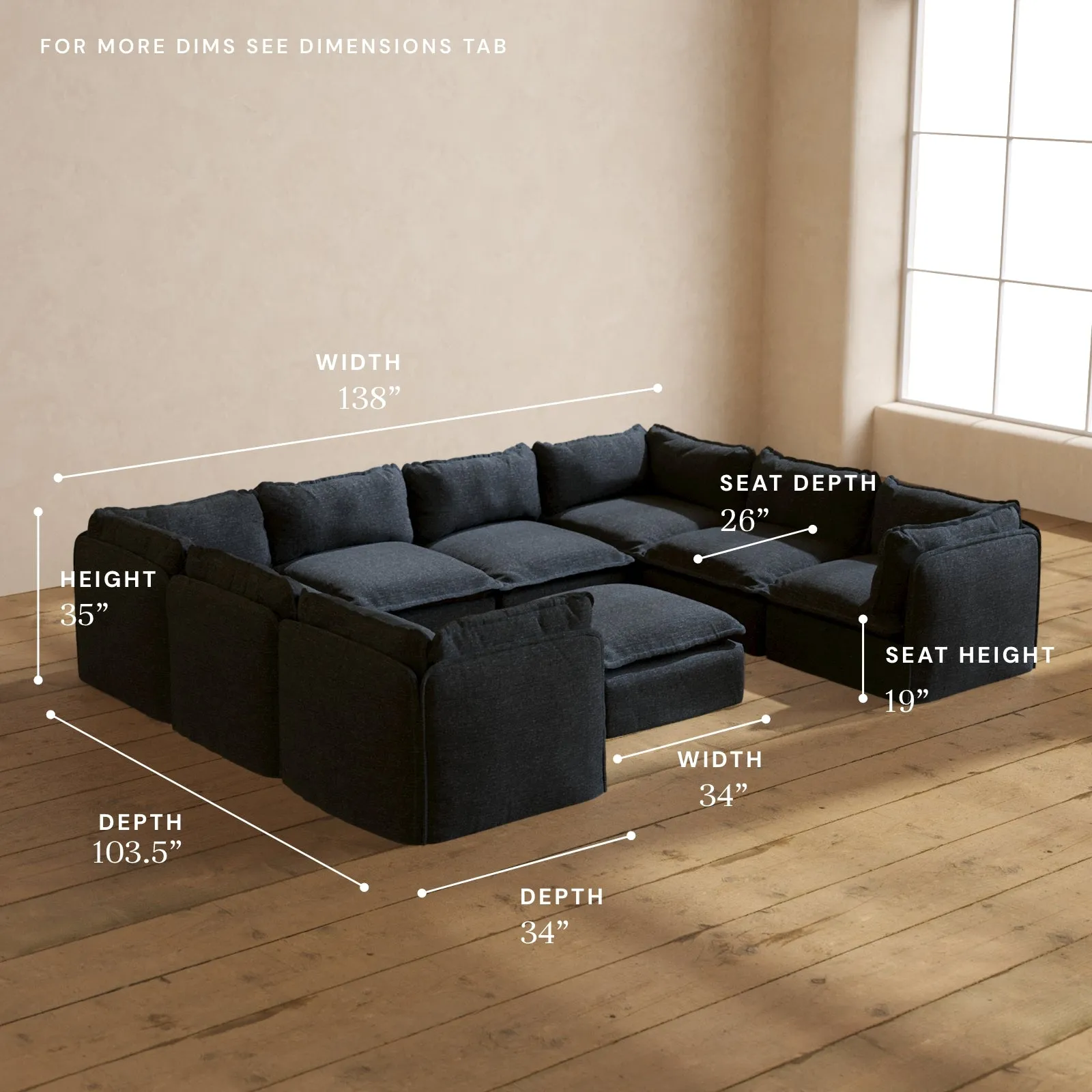 Modular Performance 8-Seater U-Sectional   Ottoman in Indigo | Relaxed Blend