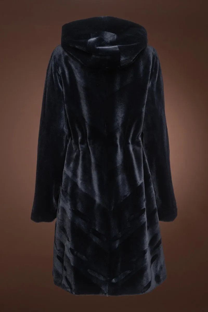 Navy Blue Reversible Hooded Sheared Mid-Length Mink Fur Coat