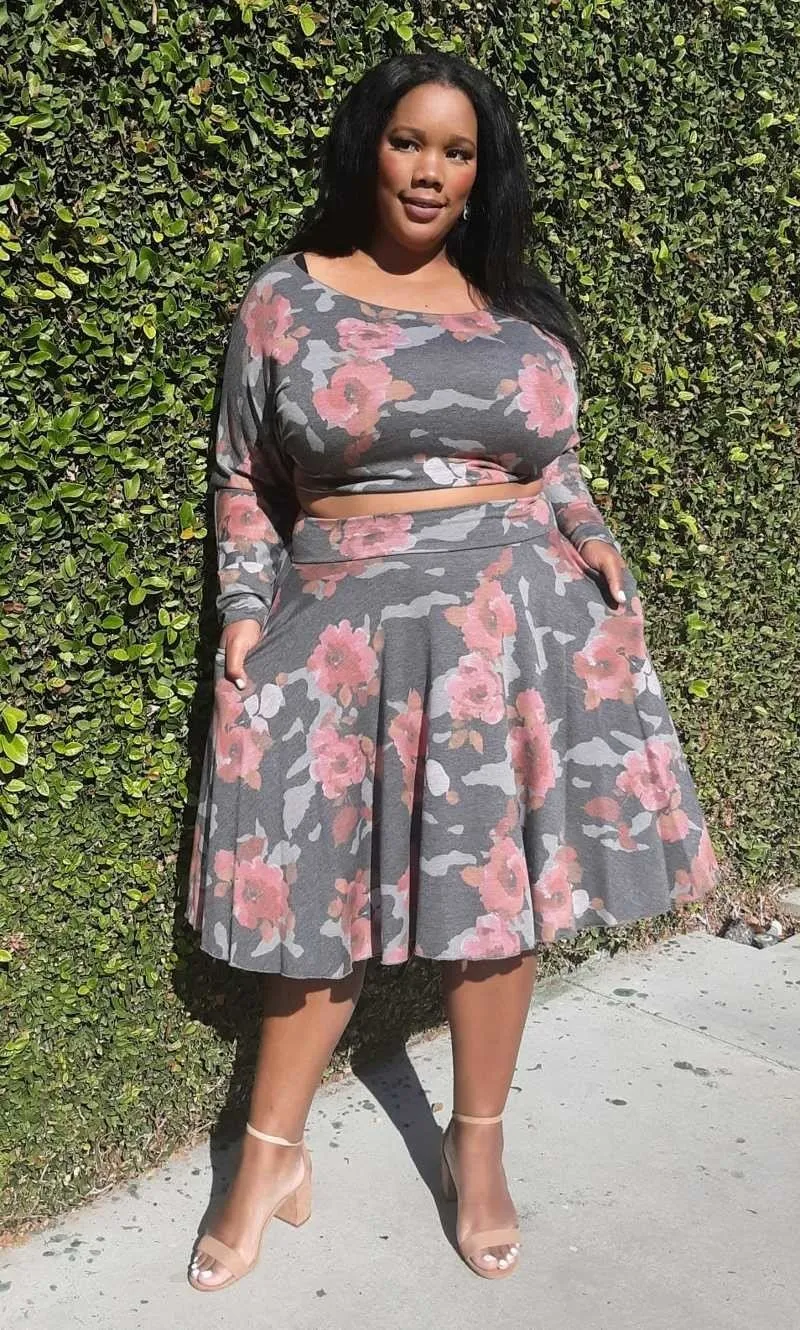 Plus Size Floral Print Long Sleeves Top and Skirt sets With Pockets