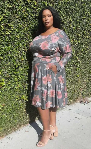 Plus Size Floral Print Long Sleeves Top and Skirt sets With Pockets