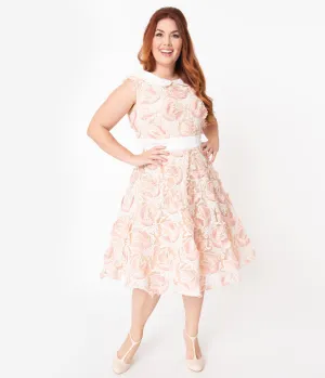 Plus Size Retro Beige & Ivory Embroidered Tulle Alice Swing Dress