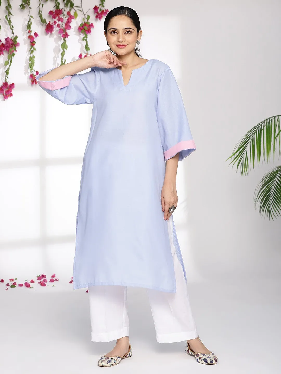 PowderBlue LongKurta & White Pants