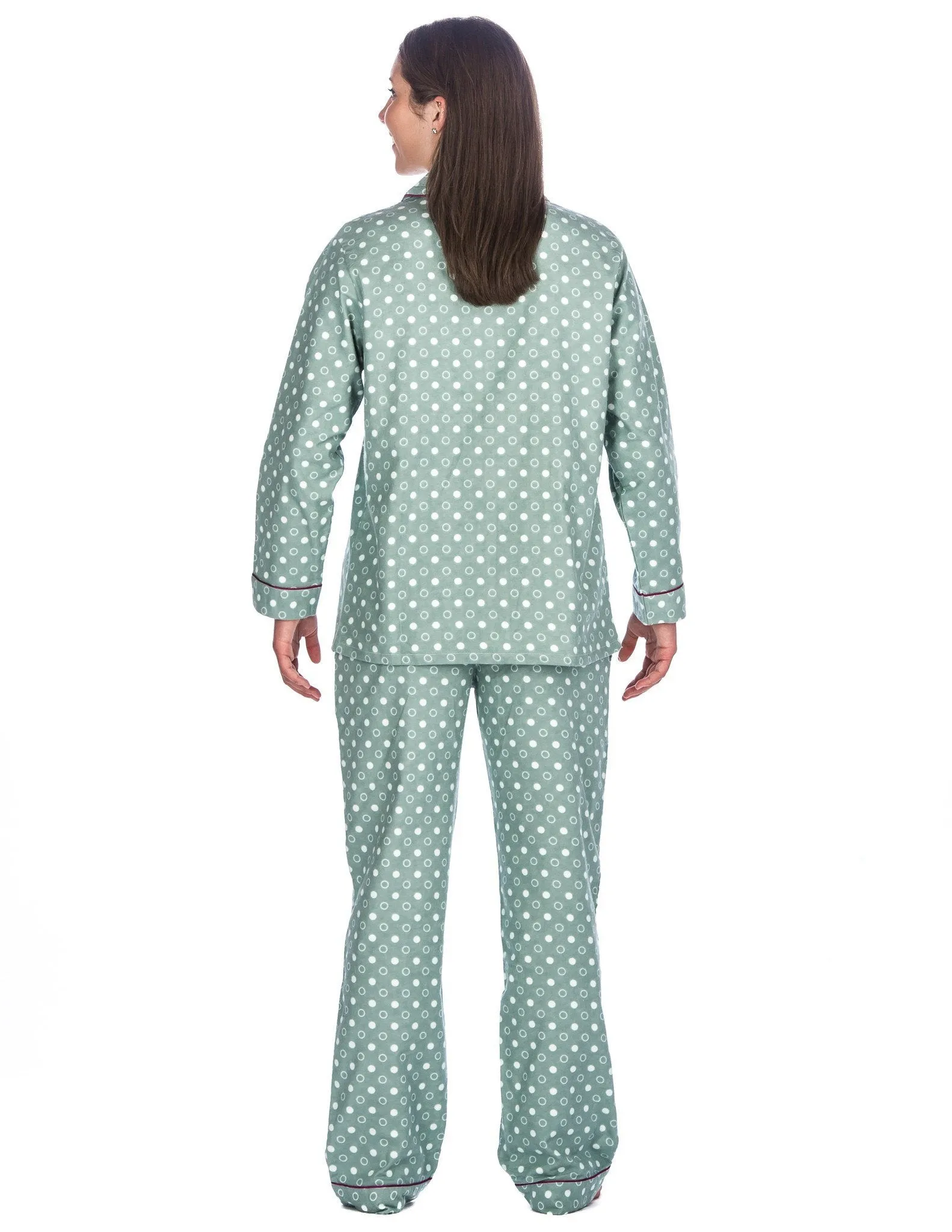 Realxed Fit Womens 100% Cotton Flannel Pajama Sleepwear Set - Polka Circles Green