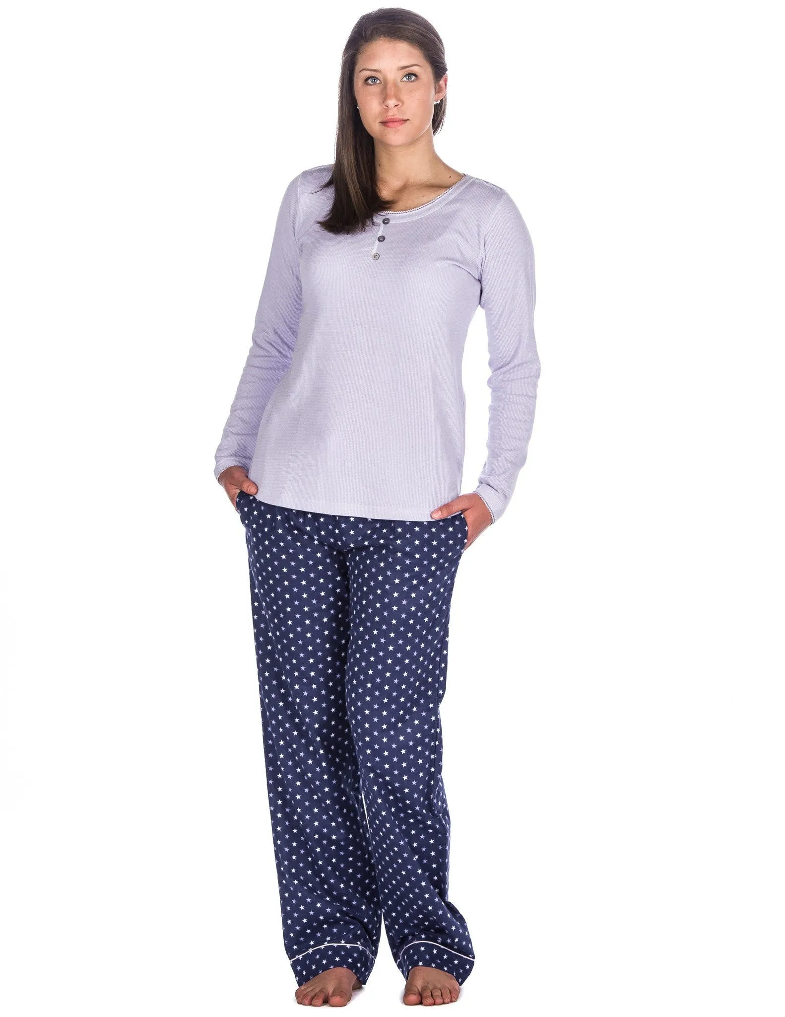 Relaxed Fit Women's Cotton Flannel Lounge Set with Crew Neck Top