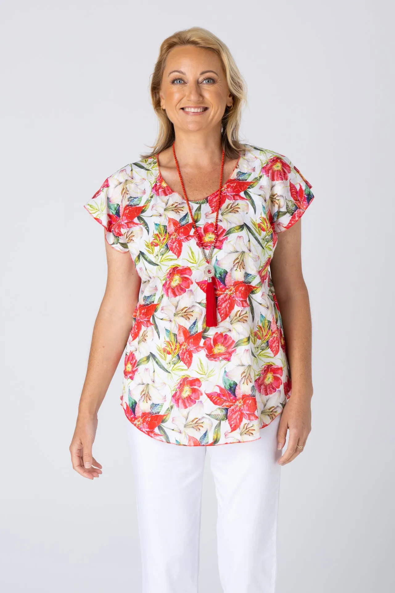 Rouge Print Short Sleeve Non-Crush Jacquard Cotton Top