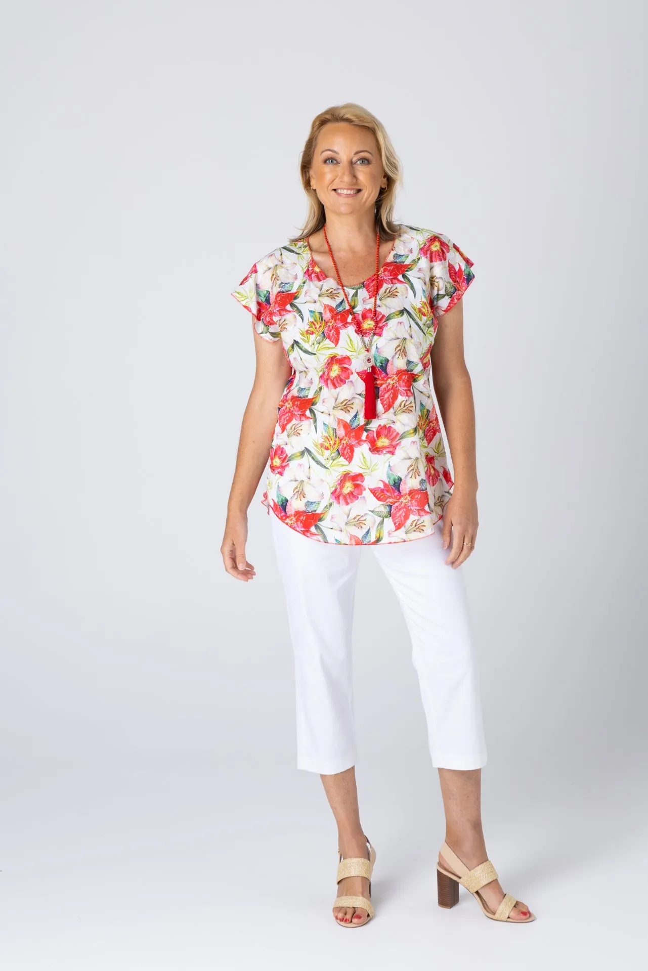 Rouge Print Short Sleeve Non-Crush Jacquard Cotton Top