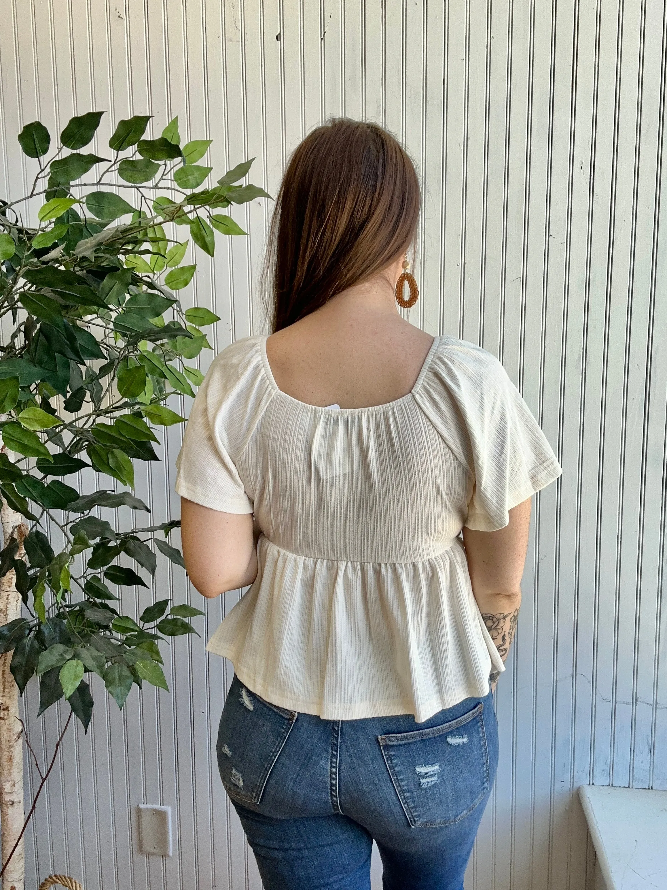 Vintage Oatmeal V-Neck Flutter Sleeve Top