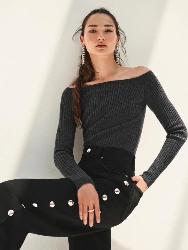 White & Warren - Cashmere Ribbed off Shoulder Top-Black