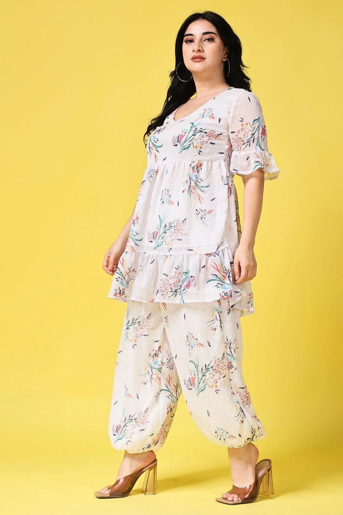 White Floral Dobby Printed Co-ord Set