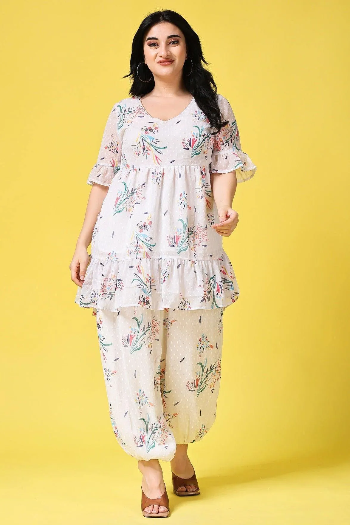 White Floral Dobby Printed Co-ord Set