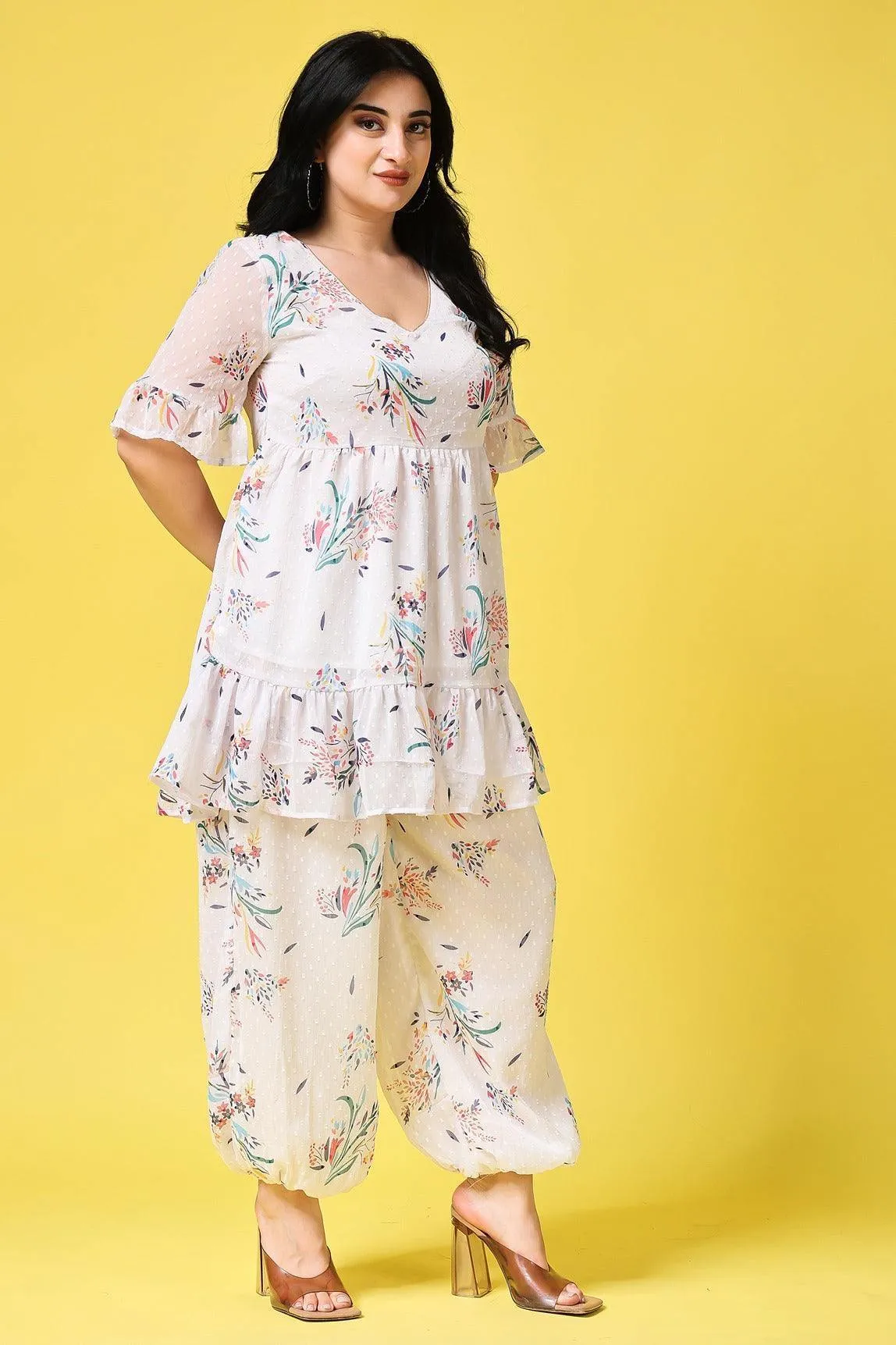 White Floral Dobby Printed Co-ord Set