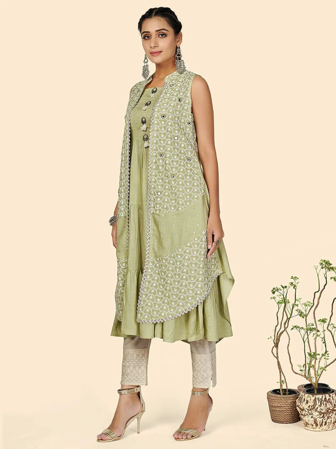 Women'S Chikankari Anarkali Cotton Pista Stitched Kurta With Shrug