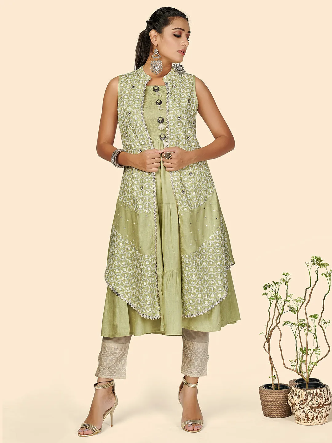 Women'S Chikankari Anarkali Cotton Pista Stitched Kurta With Shrug