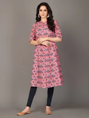 Women'S Floral Print A-Line Cotton Pink Stitched Kurta With Multiple Slit