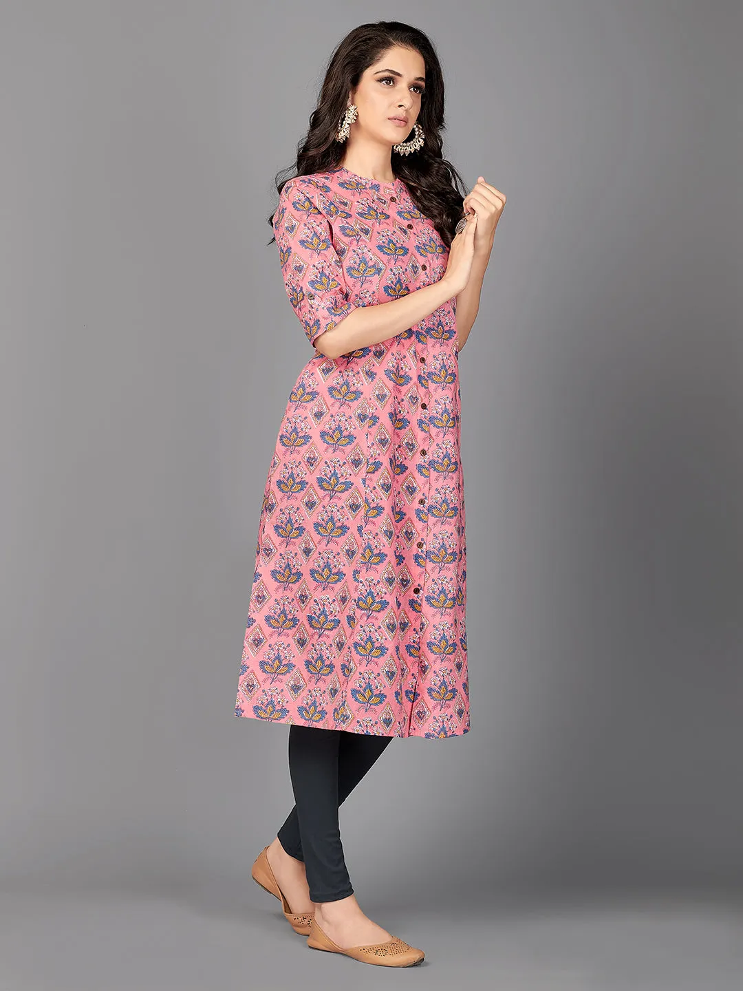 Women'S Floral Print A-Line Cotton Pink Stitched Kurta With Multiple Slit