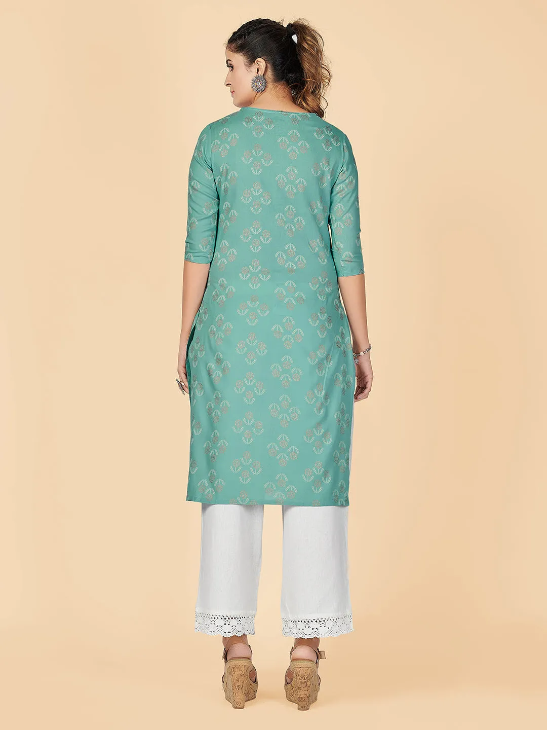 Women'S Foil Print Straight Rayon Turquoise Stitched Kurta