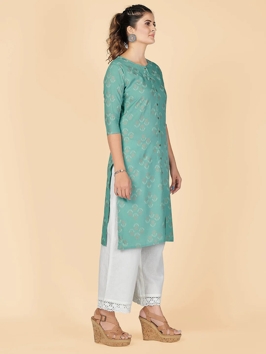 Women'S Foil Print Straight Rayon Turquoise Stitched Kurta