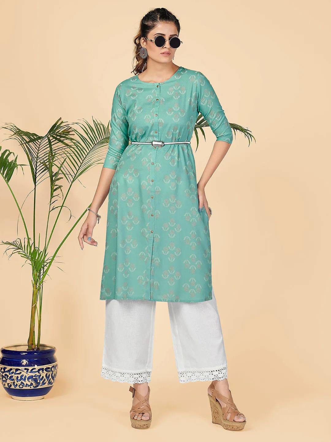 Women'S Foil Print Straight Rayon Turquoise Stitched Kurta