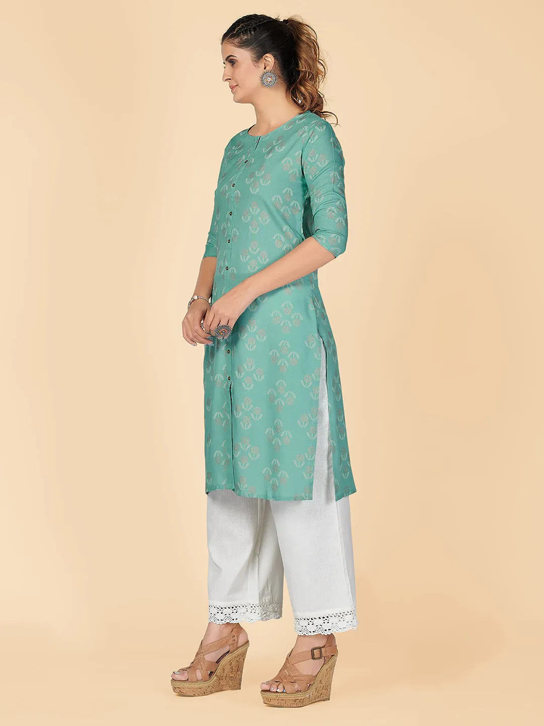 Women'S Foil Print Straight Rayon Turquoise Stitched Kurta